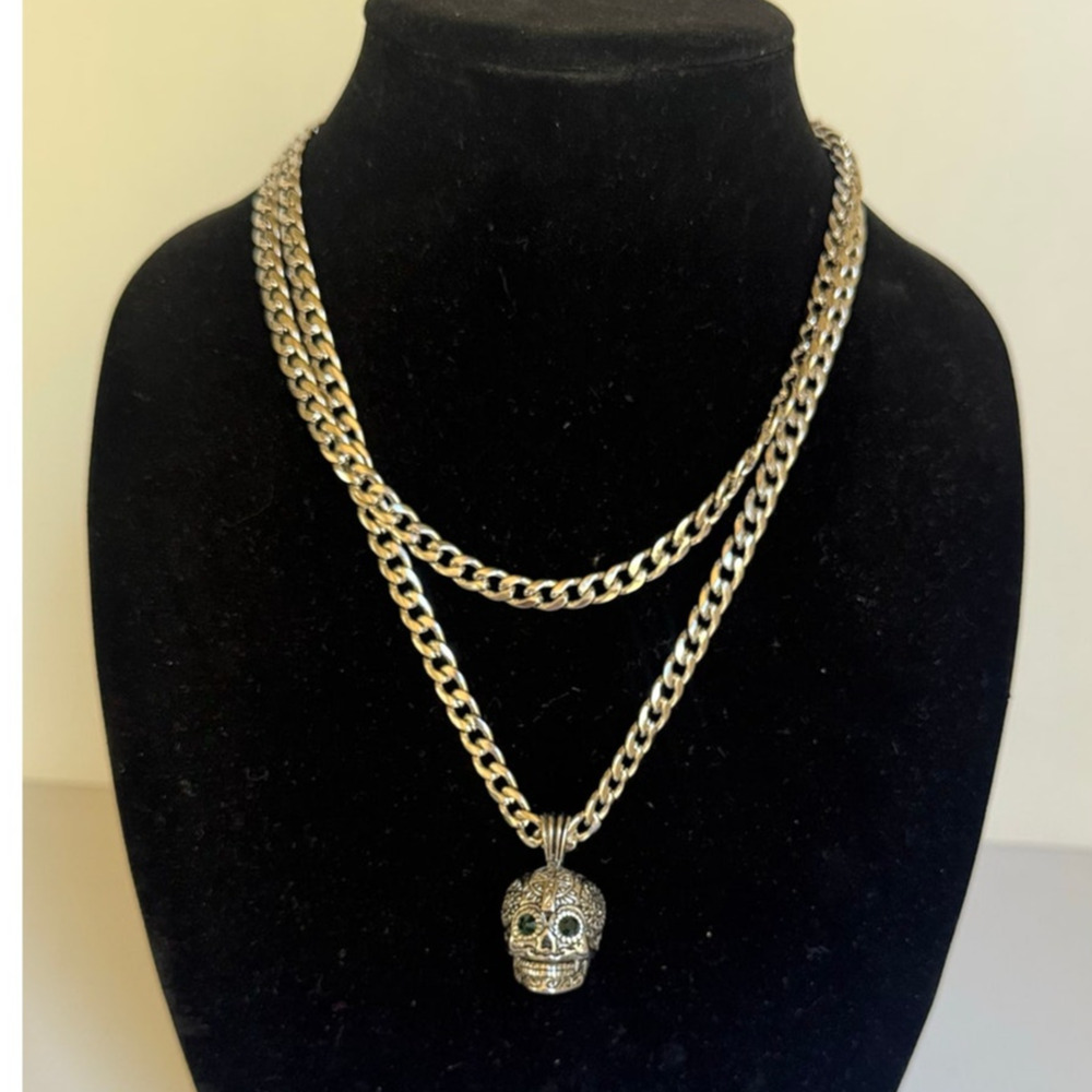 Silver Skull Pendant Necklace Thick Curb Chain Metal Gothic Biker Unisex NEW